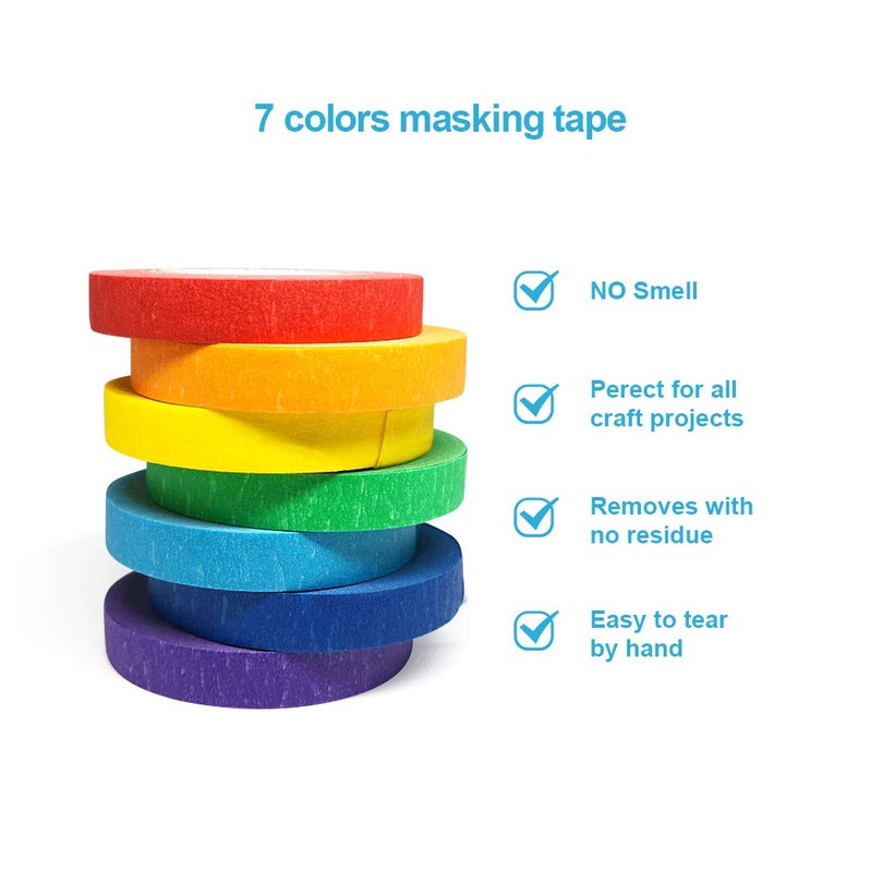 Aipker Colored Masking Tapes, 7PCS Arts Rainbow Labelling Masking Tape Fun Supplies Kit for Kids and Adults, Painters Tapes for Crafts, School Projects, Party Decorations and More (0.4 Inch, 12 yd) - Image 5